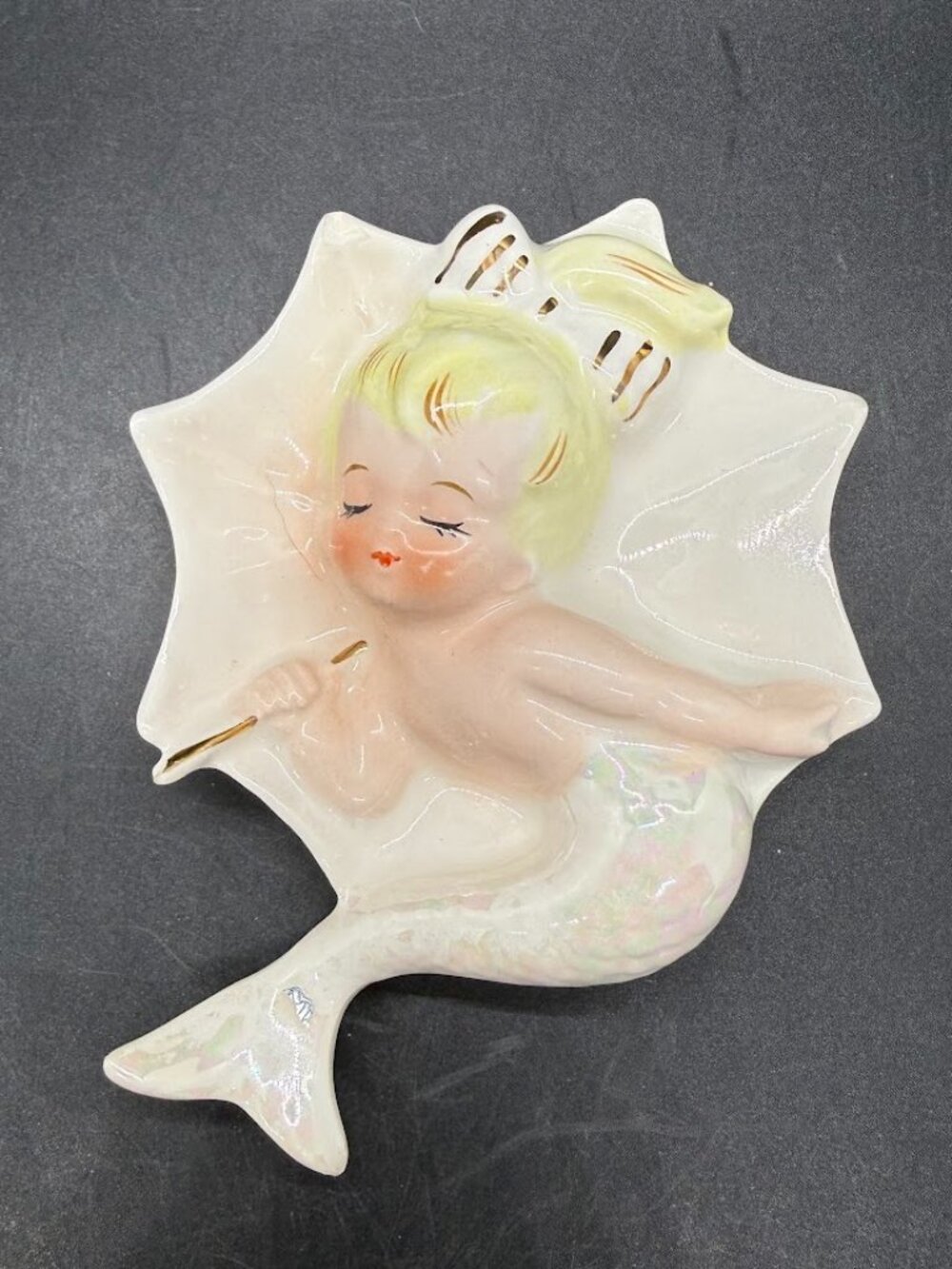 Vintage MCM 50’s Enesco Mermaid Girl Umbrella Wall Plaque Ceramic Kitsch